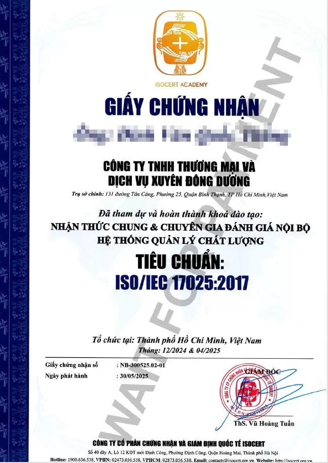 Giấy Chứng Nhận Tiêu Chuẩn ISO/IEC 17025:2017